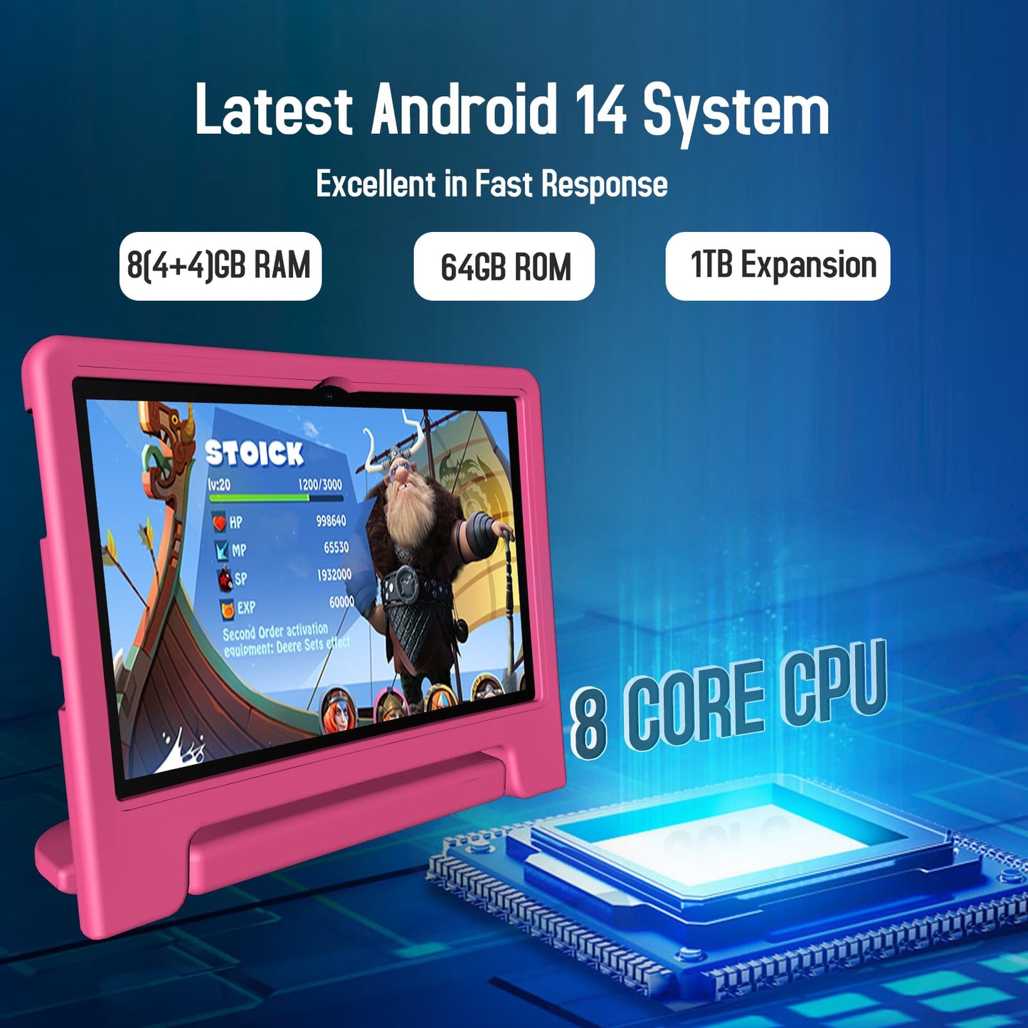 Kids Tablet, 10 inch Android 14 Tablet for Kids, 8GB RAM 64GB ROM Octa-Core Fast-Charging Battery Toddler Tablet with Shockproof Case, Bluetooth, WiFi, Parental Control, Dual Camera, GPS