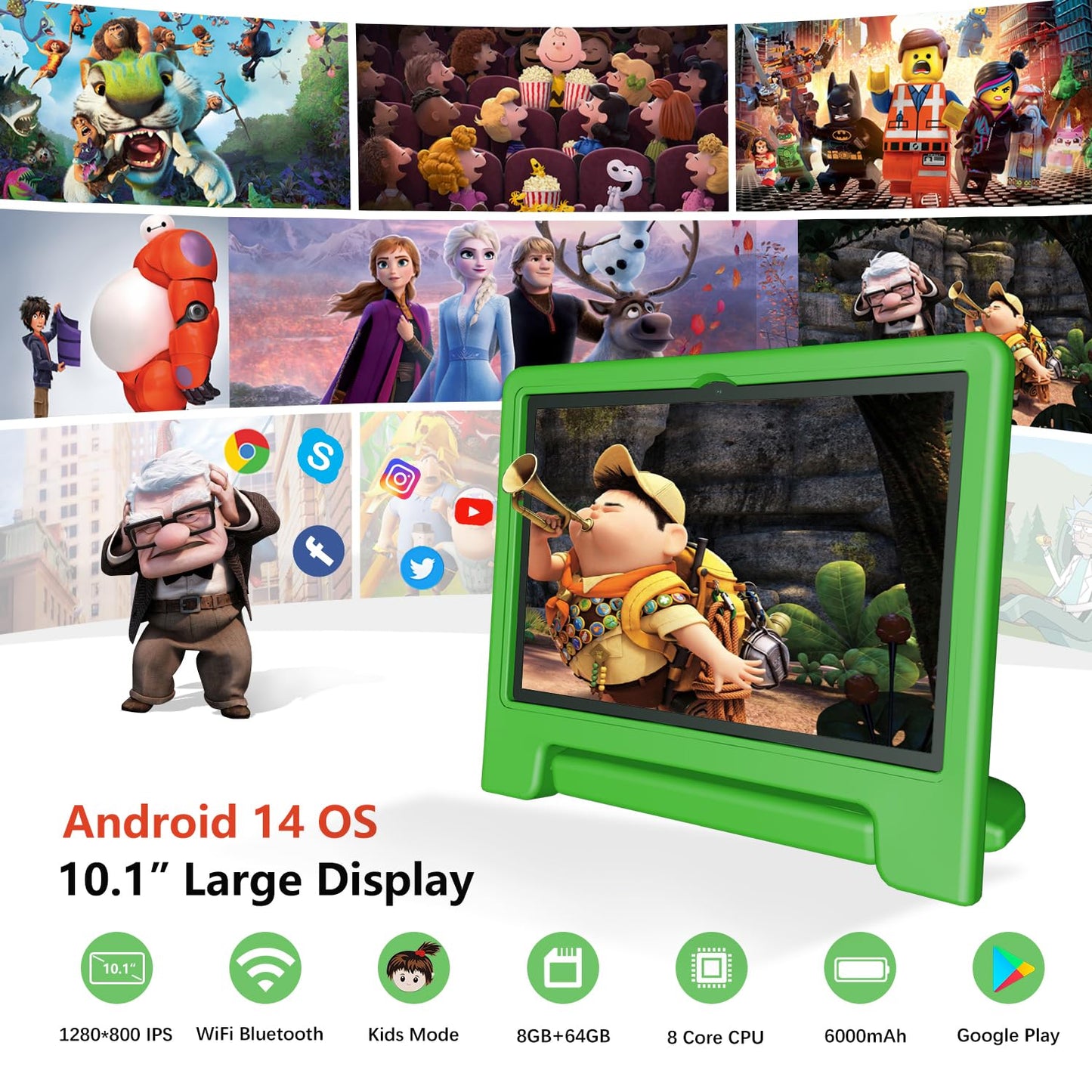Kids Tablet, 10 inch Android 14 Tablet for Kids, 8GB RAM 64GB ROM Octa-Core Fast-Charging Battery Toddler Tablet with Shockproof Case, Bluetooth, WiFi, Parental Control, Dual Camera, GPS