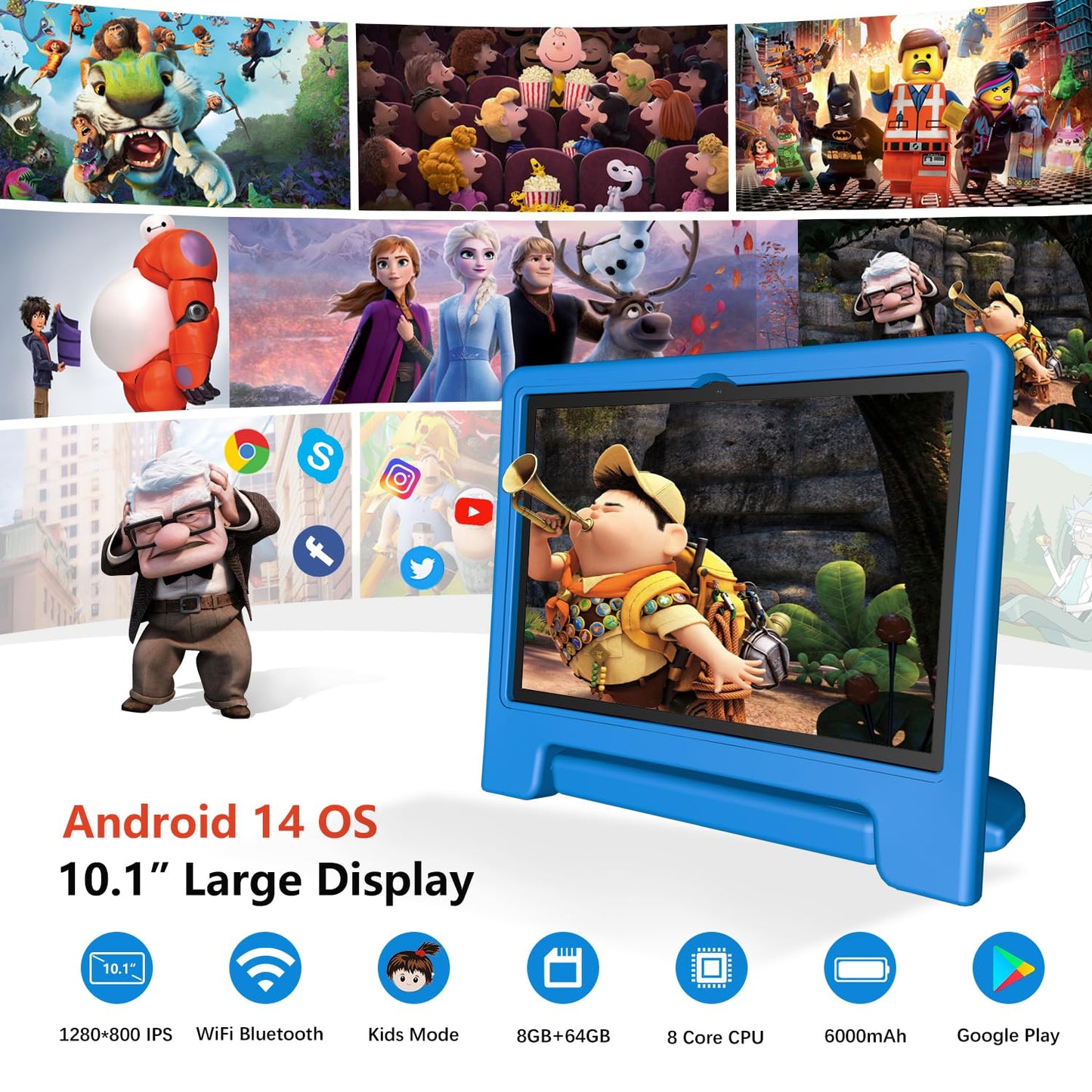 Kids Tablet, 10 inch Android 14 Tablet for Kids, 8GB RAM 64GB ROM Octa-Core Fast-Charging Battery Toddler Tablet with Shockproof Case, Bluetooth, WiFi, Parental Control, Dual Camera, GPS