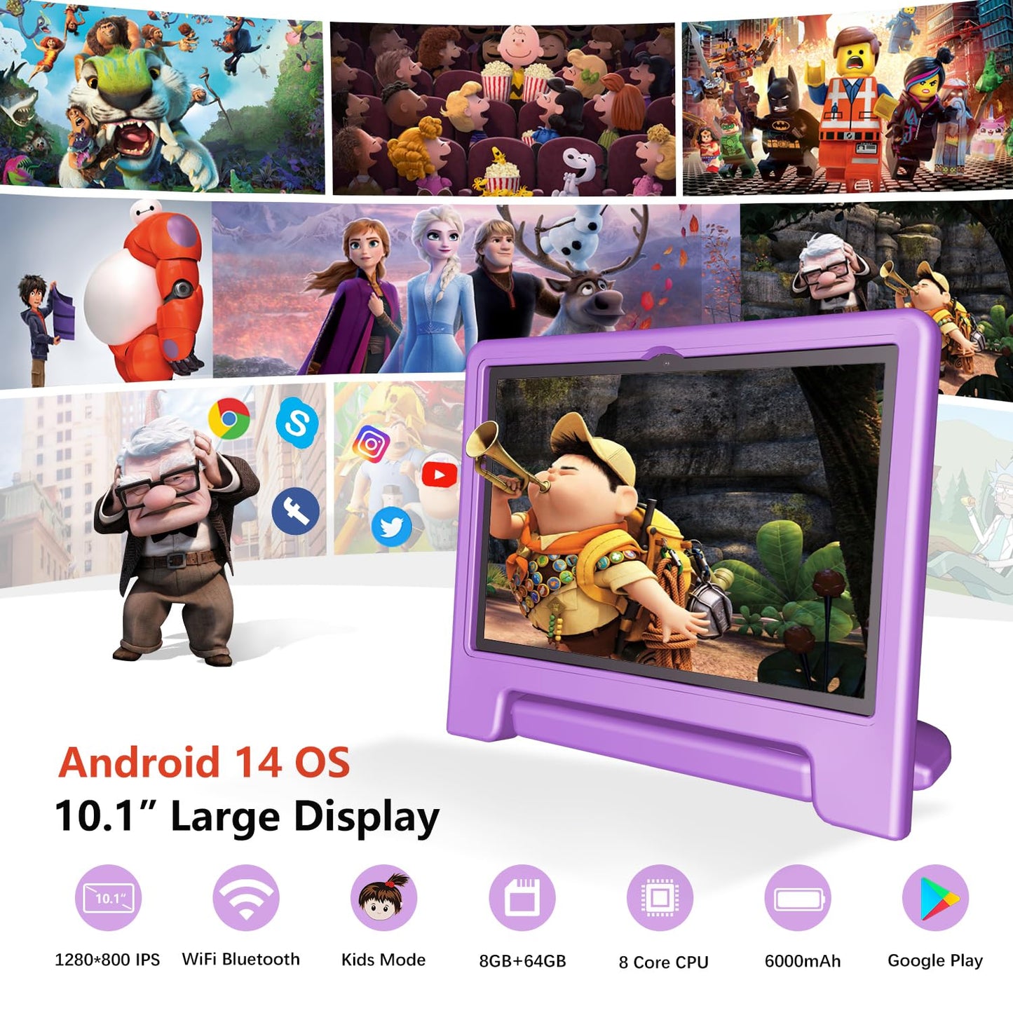 Kids Tablet, 10 inch Android 14 Tablet for Kids, 8GB RAM 64GB ROM Octa-Core Fast-Charging Battery Toddler Tablet with Shockproof Case, Bluetooth, WiFi, Parental Control, Dual Camera, GPS