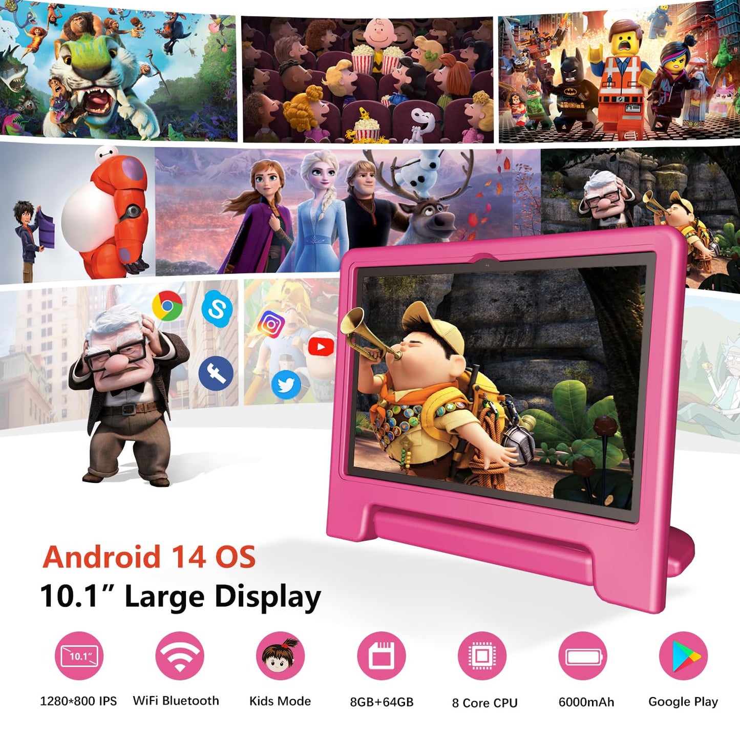 Kids Tablet, 10 inch Android 14 Tablet for Kids, 8GB RAM 64GB ROM Octa-Core Fast-Charging Battery Toddler Tablet with Shockproof Case, Bluetooth, WiFi, Parental Control, Dual Camera, GPS
