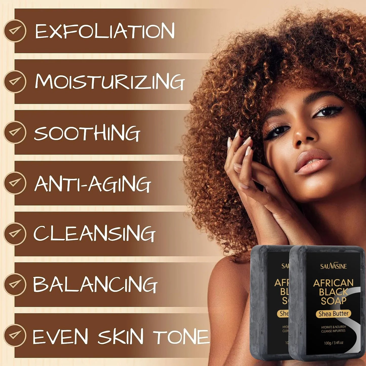 100g African Black Soap Acne Treatment Deep Cleaning Exfoliate Facial Moisturizing Skin Smoothing Face Soap for Skin Care