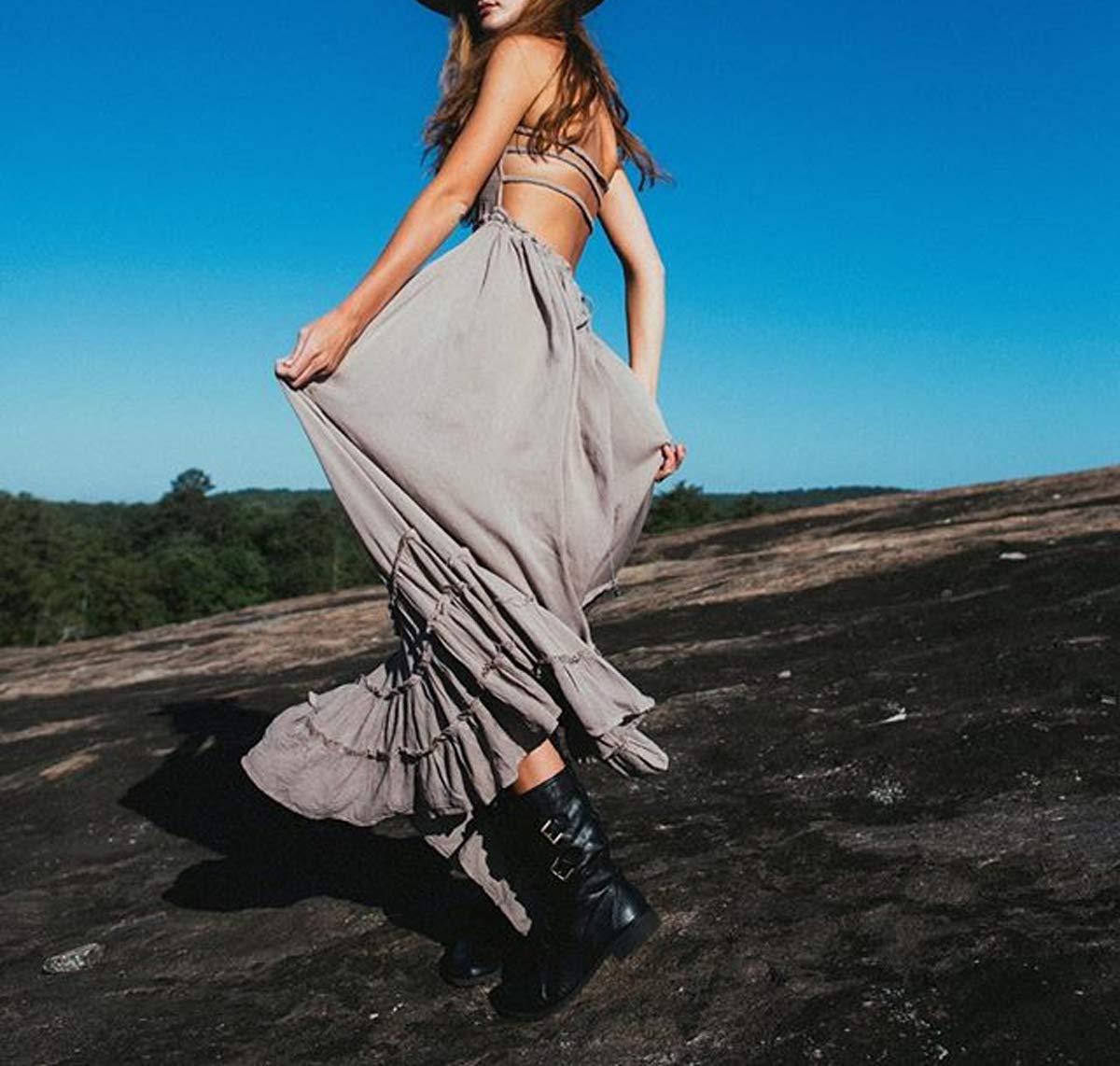 R.Vivimos Womens Summer Boho Sexy Backless Long Dresses