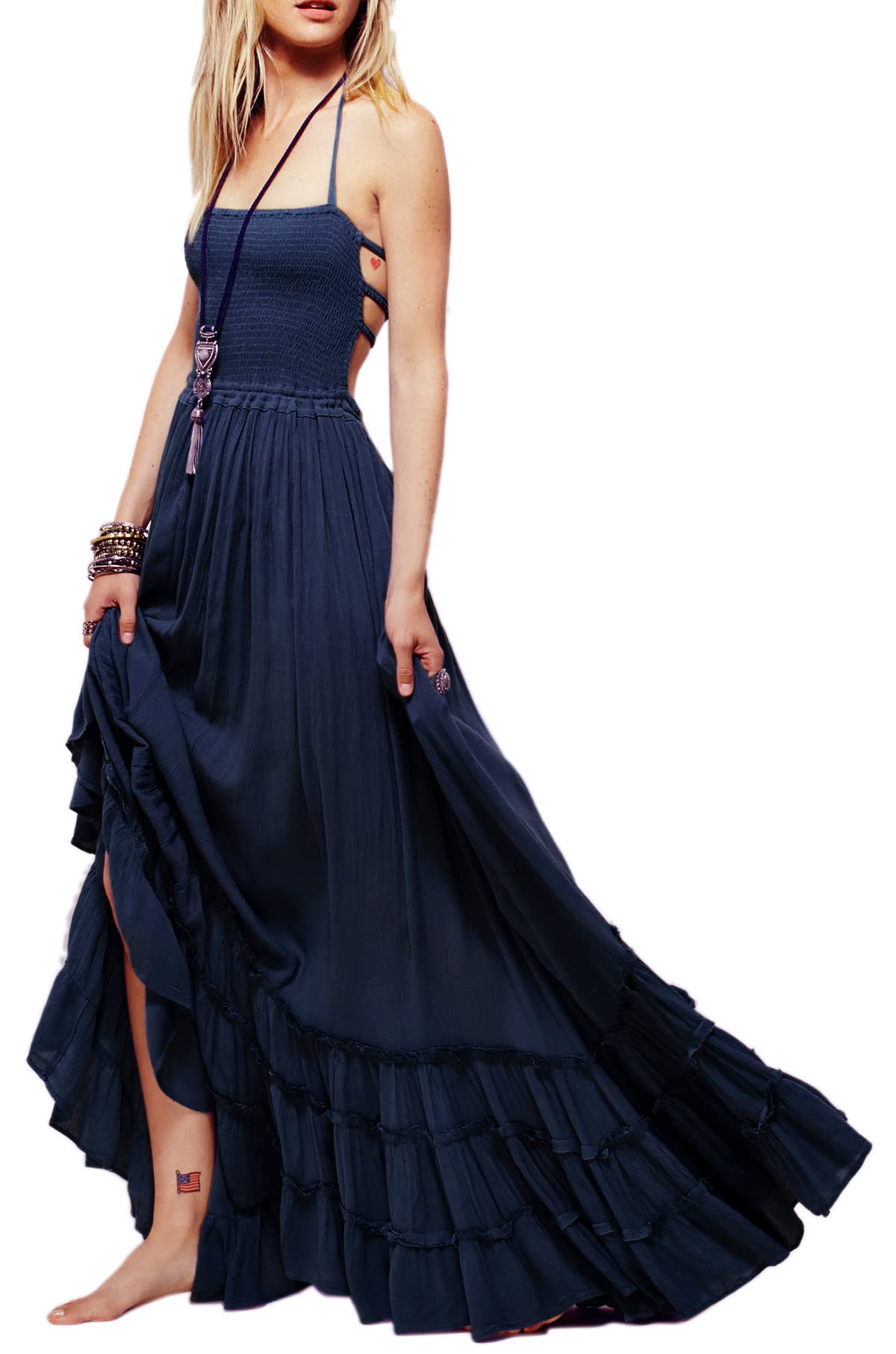 R.Vivimos Womens Summer Boho Sexy Backless Long Dresses
