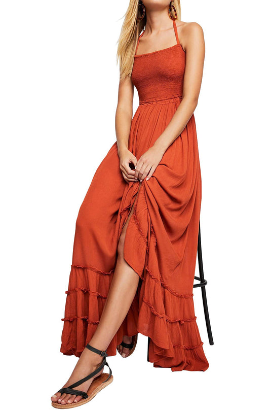R.Vivimos Womens Summer Boho Sexy Backless Long Dresses