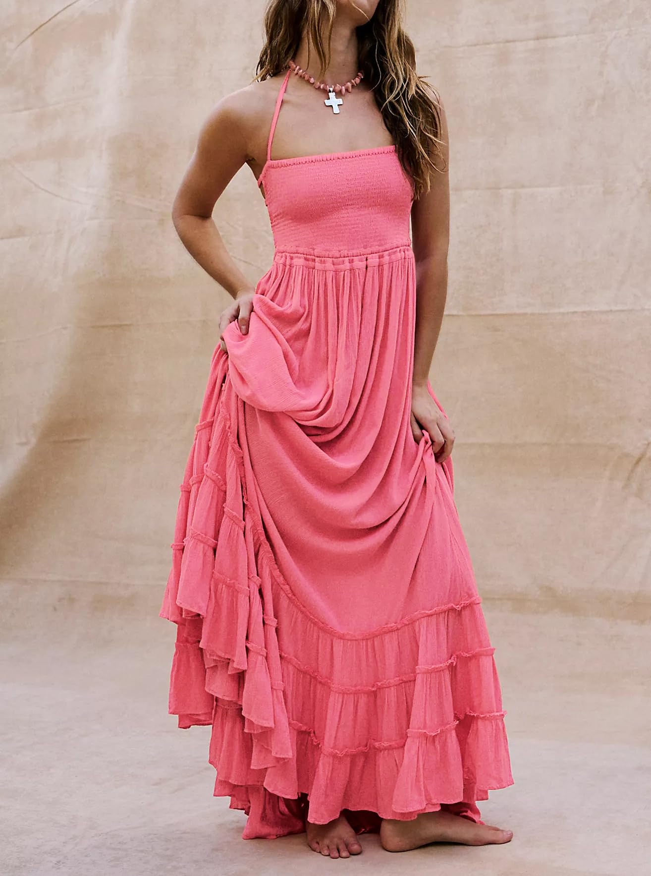 R.Vivimos Womens Summer Boho Sexy Backless Long Dresses